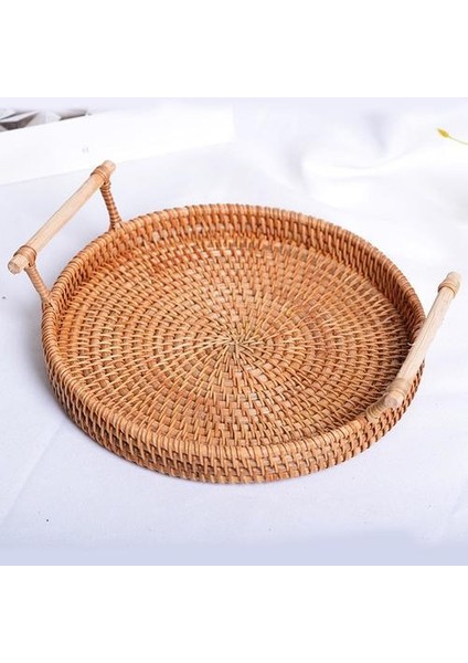 Kolu El ile Pratik Rattan Tepsi El Dokuma Çok Amaçlı Hasır Tepsi ile Dayanıklı Rattan Fiber Yuvarlak Kahvaltı Drink Snack | Depolama Tepsileri (M) (Yurt Dışından)