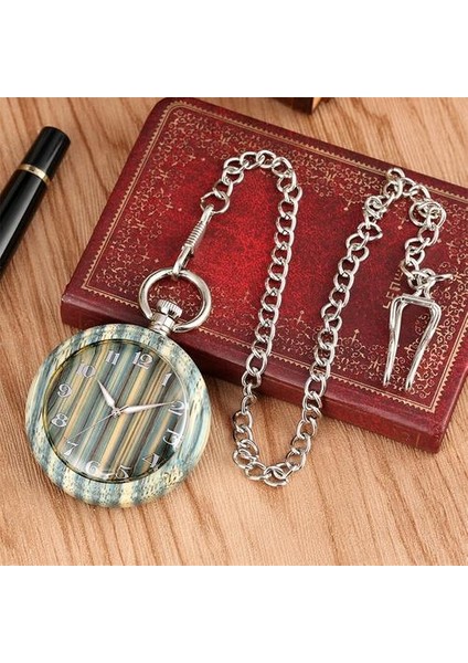 Arapça Numarlar Ekran Yeşil Çizgili Bambu Ahşap Kuvars Cebi Retro Bronz Cep Zinciri Kolye Ahşap Timepiece Hediye | Cep ve Amp;fob Saatler (Yurt Dışından) modelleri