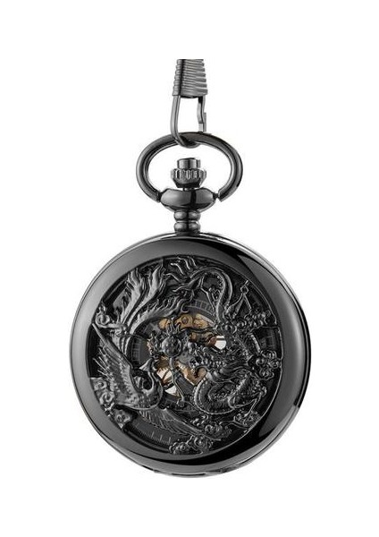 Vintage Siyah Mekanik Cebi Erkek Şanslı Phoenix ve Ejderha Iskeleti Cebi Antika Romen Rakamları | Cep ve Amp;fob Saatler (Yurt Dışından)