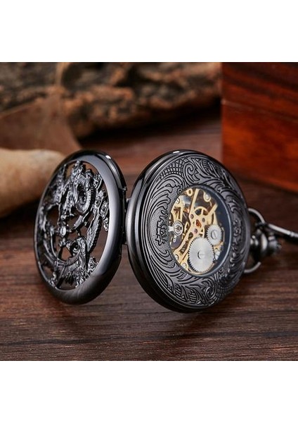 Vintage Siyah Mekanik Cebi Erkek Şanslı Phoenix ve Ejderha Iskeleti Cebi Antika Romen Rakamları | Cep ve Amp;fob Saatler (Yurt Dışından) fırsatları
