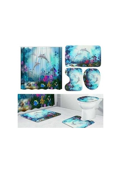 4 Adet Yunus Banyo Seti Duş Perdesi Paneli Klozet Kapağı Banyo Halı Mat (Yurt Dışından) fiyatları