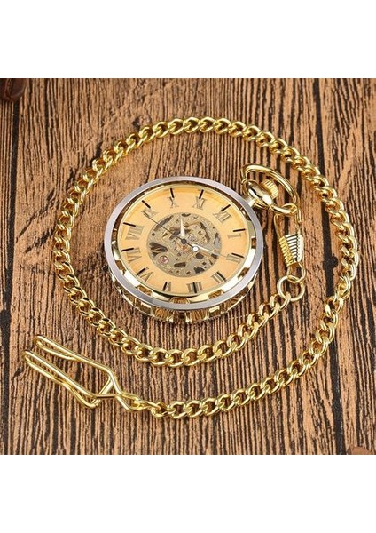 Altın Şeffaf Iskelet Mekanik El Rüzgar Cebi Romen Rakamları Açık Yüz Fob Zincir Retro Manuel Timepiece | Cep ve Amp;fob Saatler (Yurt Dışından)