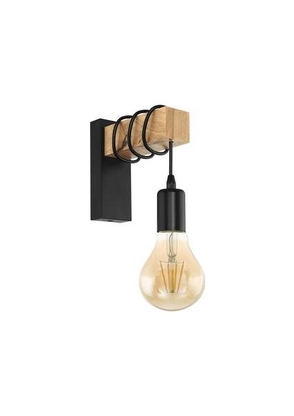 Eglo Townshend Wall Light, 1-Alevli Vintage Duvar Işık Endüstriyel Tasarımlı, Çelik ve Ahşaptan Retro Işık, Renk: Siyah, Kahverengi, S (Yurt Dışından)