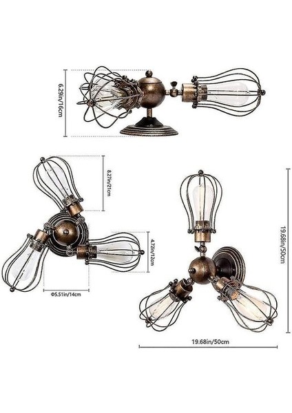 Üç Baş Döndürülebilir Kafes Gövde Tavan Işığı, Ayarlanabilir Vintage Pirinç Endüstriyel Tarzı Tavan Lambası Mutfak, Yatak Odası (Yurt Dışından)