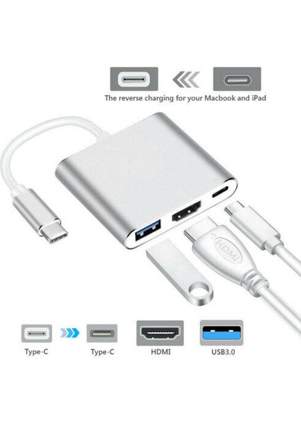 Apple Macbook Tipi C Usb-C Hub Adaptörü Kablosu 4K HDMI USB 3.0 (Yurt Dışından)