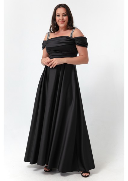 Kadın Siyah Taş Askılı Drapeli Büyük Beden Uzun Abiye Elbise fiyatları