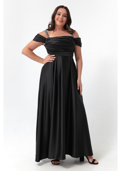 Kadın Siyah Taş Askılı Drapeli Büyük Beden Uzun Abiye Elbise modelleri