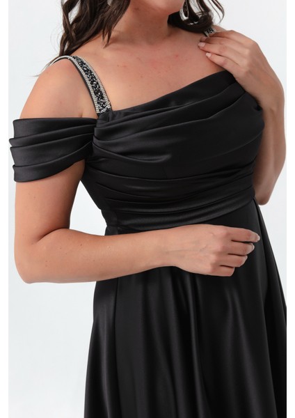 Kadın Siyah Taş Askılı Drapeli Büyük Beden Uzun Abiye Elbise fırsatları