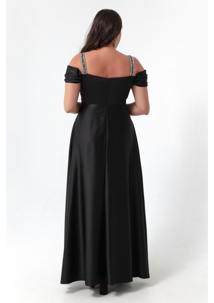 Kadın Siyah Taş Askılı Drapeli Büyük Beden Uzun Abiye Elbise indirimleri