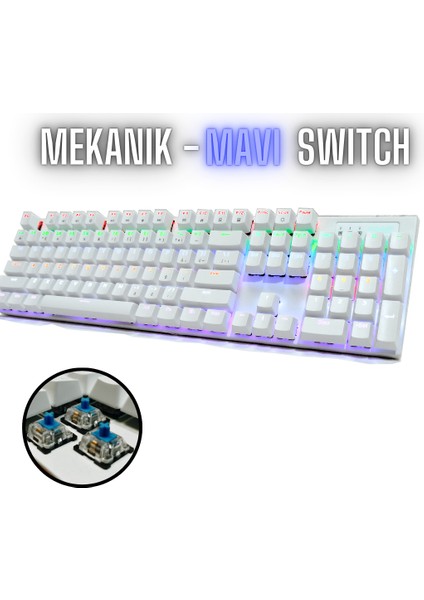 Mk-11 Beyaz Mekanik Gaming Klavye - Blue Switch - RGB Aydınlatmalı -Kablolu