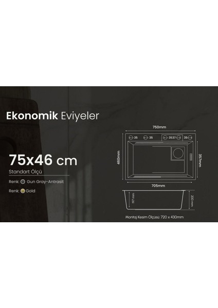 GL General Eko Glc SS304 Gold Bardak Yıkama Şelale Eviye 75  x  45