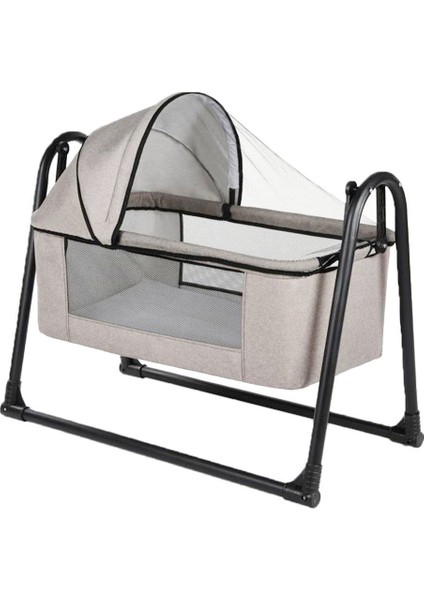 Kahve Keten Kumaş Portatif Cibinlikli Sallanır Beşik