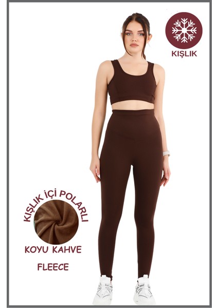 Kadın Kışlık Içi Polarlı Koyu Kahve Yüksek Bel Toparlayıcı Tayt Curve High Waist Fleece Winter 11024