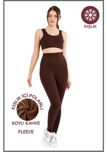 Kadın Kışlık Içi Polarlı Koyu Kahve Yüksek Bel Toparlayıcı Tayt Curve High Waist Fleece Winter 11024