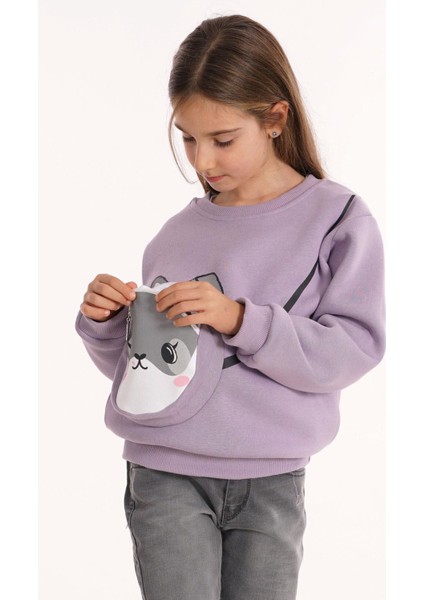 Tavşan Baskılı Çantalı Lila Renk Kız Çocuk Sweat