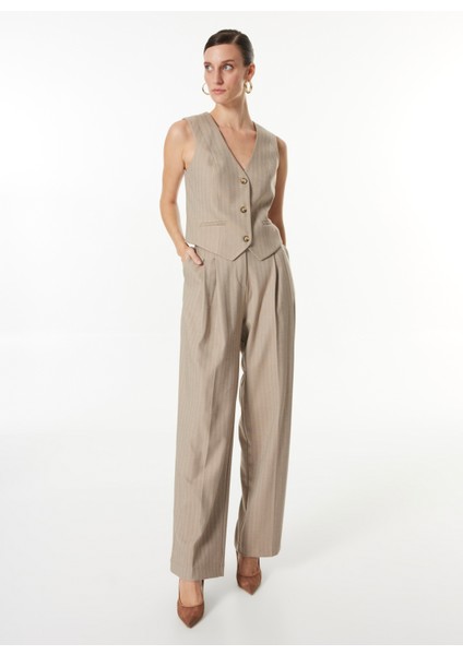 Yüksek Bel Bol Kesim Bej Kadın Pantolon F4WL-PNT0227