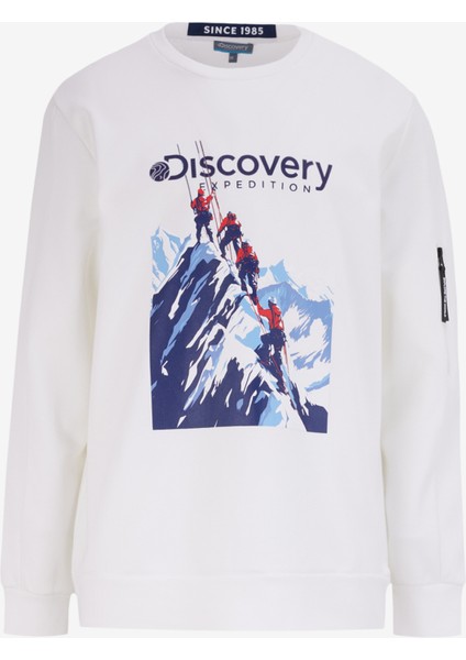 Kırık Beyaz Erkek Bisiklet Yaka Relaxed Fit Baskılı Sweatshirt D4WM-SWT3253
