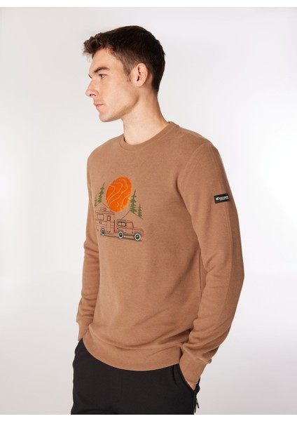 Açık Kahve Erkek Bisiklet Yaka Relaxed Fit Nakışlı Sweatshirt D4WM-SWT3332