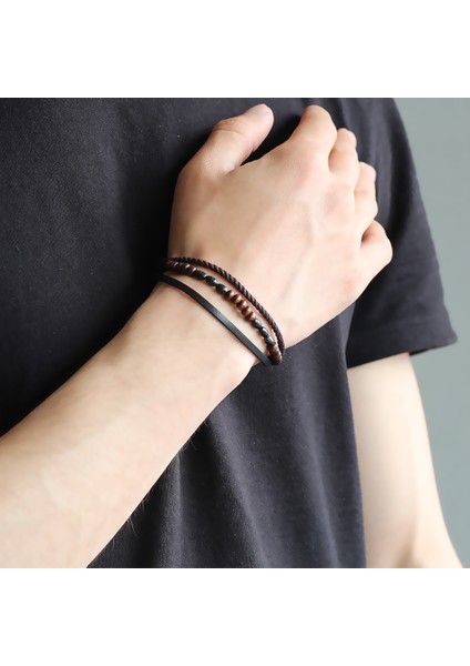 Hasır Tasarım Kuka Işlemeli 3 Sıra Siyah-Kahverengi Çelik-Deri Kombinli Bileklik fiyatları