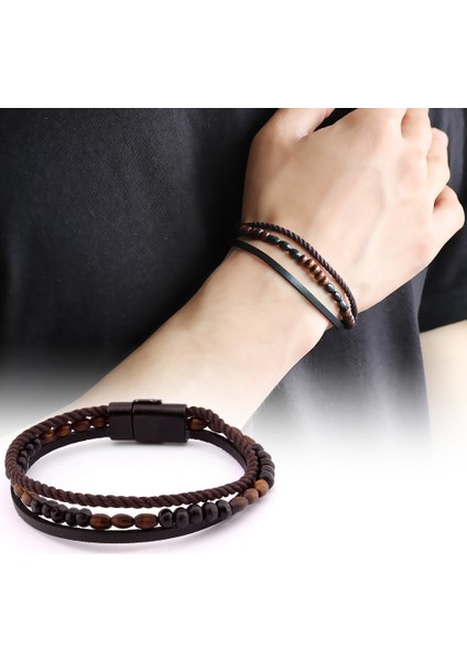 Hasır Tasarım Kuka Işlemeli 3 Sıra Siyah-Kahverengi Çelik-Deri Kombinli Bileklik modelleri