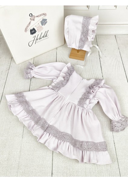 Kız Bebek Çocuk Lila Kaşkorse Kumaş Lila Pamuk Dantelli Elbise