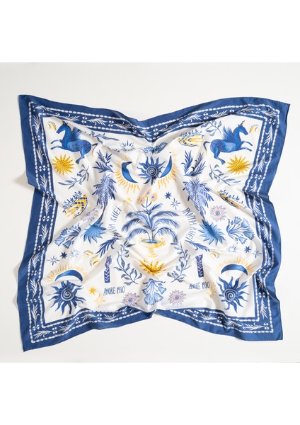 Pera Dijital Baskılı Pamuk Pamuk İpek Pareo 140x140 Cm Mavi - Beyaz