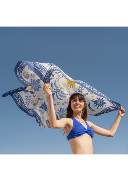Pera Dijital Baskılı Pamuk Pamuk İpek Pareo 140x140 Cm Mavi - Beyaz fırsatları
