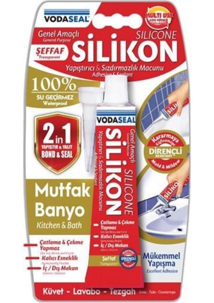 Şeffaf Tüp Silikon 50GR Mutfak Banyo Sızdırmazlık Macunu %100 Su Geçirmez