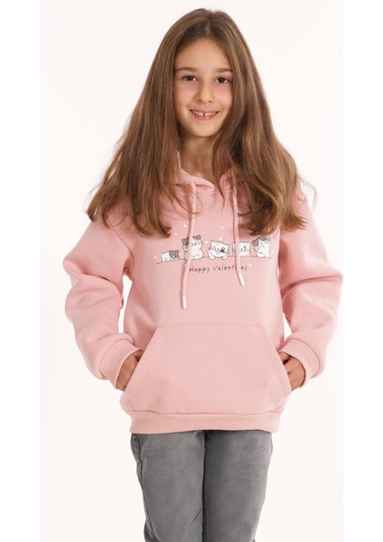 Kedi Baskılı Kanguru Cepli Toz Pembe Renk Kız Çocuk Kapüşonlu Sweat modelleri