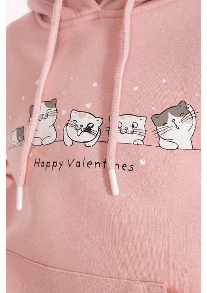 Kedi Baskılı Kanguru Cepli Toz Pembe Renk Kız Çocuk Kapüşonlu Sweat indirimleri
