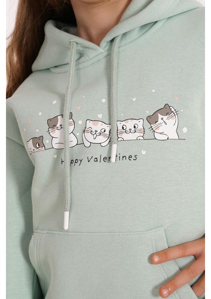 Kedi Baskılı Kanguru Cepli Toz Mint Renk Kız Çocuk Kapüşonlu Sweat fırsatları