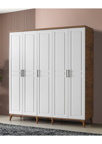 Ücretsiz Montaj - %100 MDF Sport 5 Kapaklı Atlantik Çam Beyaz Gardırop - MDF Dolap - Elbise Dolabı