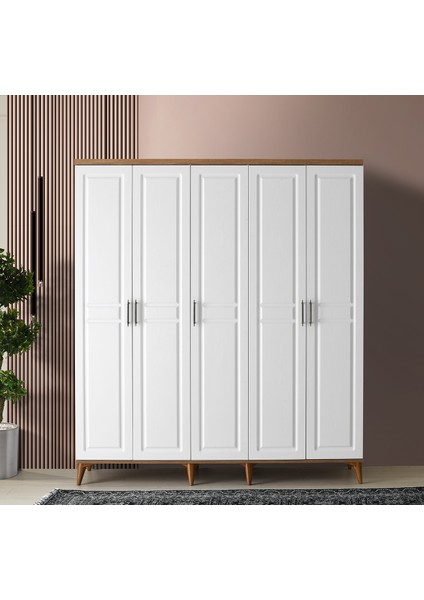 Ücretsiz Montaj - %100 MDF Sport 5 Kapaklı Atlantik Çam Beyaz Gardırop - MDF Dolap - Elbise Dolabı fiyatları