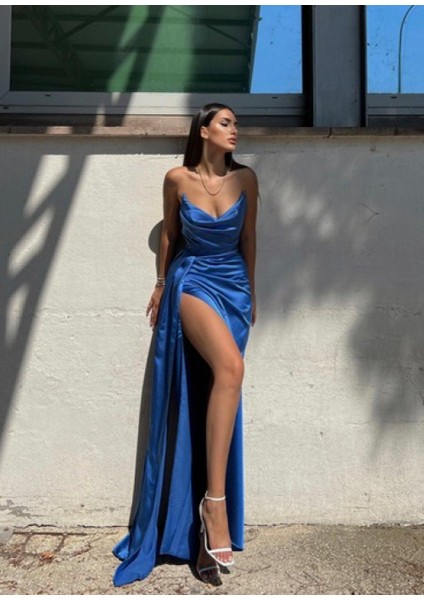 Evan Straplez Ön Detay Saten Abiye 9323