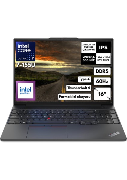 Thinkpad E16 G2 Ultra 7-155U 16-Gbddr5 512 GB SSD 16" Intel Graphics Wuxga Freedos Taşınabilir Bilgisayar 21MBSTKY42