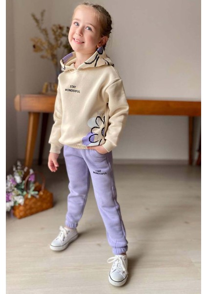 Kız Çocuk Stay Wonderful Çiçek Desenli Içi Pamuklu Lila Eşofman Takım
