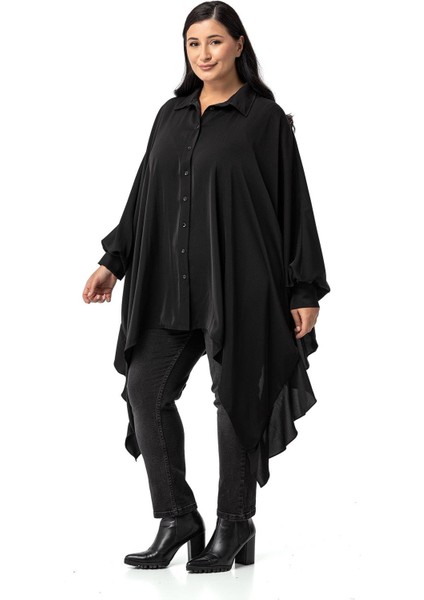 Büyük Beden Geniş Kesim Yanları Volanlı Manşetli Siyah Panço Gömlek fiyatları