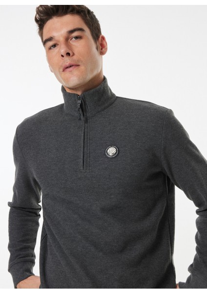 Antrasit Melanj Erkek Fermuarlı Yaka Relaxed Düz Sweatshirt D4WM-SWT3930