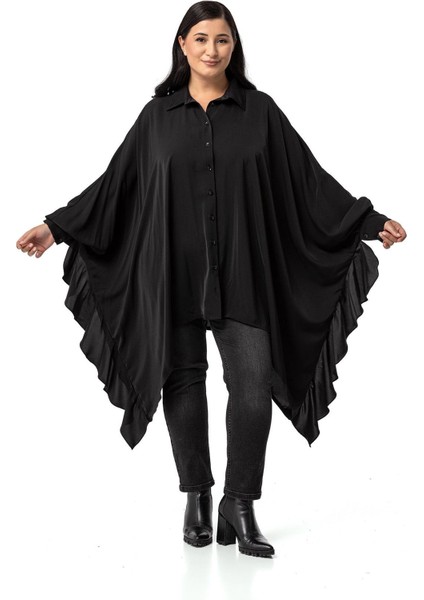 Büyük Beden Geniş Kesim Yanları Volanlı Manşetli Siyah Panço Gömlek fırsatları