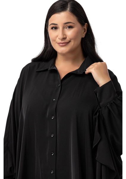 Büyük Beden Geniş Kesim Yanları Volanlı Manşetli Siyah Panço Gömlek indirimleri