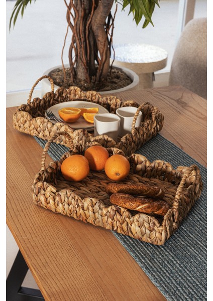 Meander Su Sümbülü Dikdörtgen Kulplu Desenli Tepsi 2li Set 5119