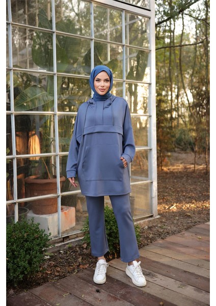 Kapşonlu Kanguru Cepli Sweat-Pantolon Ikili Eşofman Spor Takımı - 71214.006 - Indigo