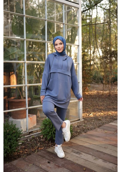 Kapşonlu Kanguru Cepli Sweat-Pantolon Ikili Eşofman Spor Takımı - 71214.006 - Indigo