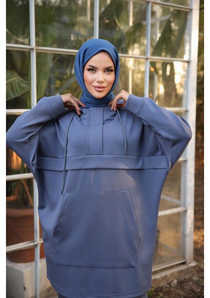 Kapşonlu Kanguru Cepli Sweat-Pantolon Ikili Eşofman Spor Takımı - 71214.006 - Indigo