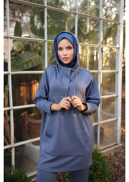 Kapşonlu Kanguru Cepli Sweat-Pantolon Ikili Eşofman Spor Takımı - 71214.006 - Indigo