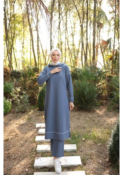 Kapşonlu Uzun Sweat Pantolon Ikili Tesettür Eşofman Takımı - 03082.006 - Indigo