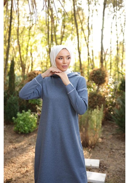 Kapşonlu Uzun Sweat Pantolon Ikili Tesettür Eşofman Takımı - 03082.006 - Indigo