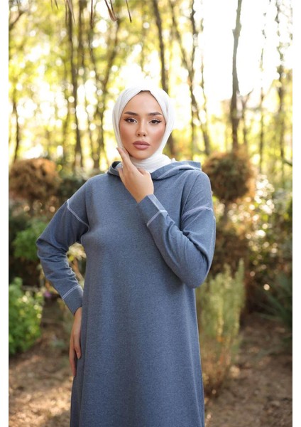 Kapşonlu Uzun Sweat Pantolon Ikili Tesettür Eşofman Takımı - 03082.006 - Indigo