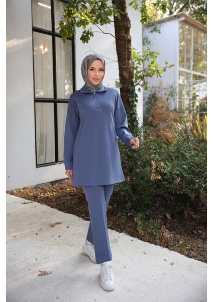 Fermuar Yaka Kısa Sweat-Pantolon Ikili Eşofman Spor Takımı - 71218.006 - Indigo