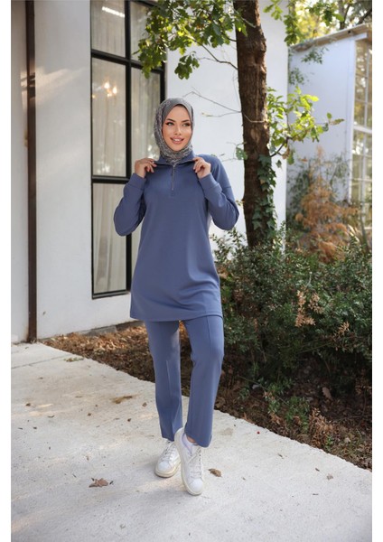 Fermuar Yaka Kısa Sweat-Pantolon Ikili Eşofman Spor Takımı - 71218.006 - Indigo